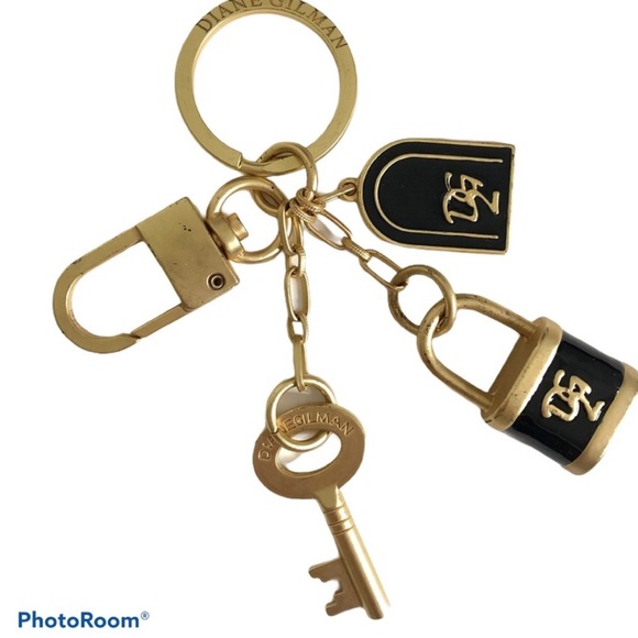 Vintage DG2 Purse Charms Keychain Black Gold Belt Chain Diane Gilman Key Lock - Picture 1 of 8